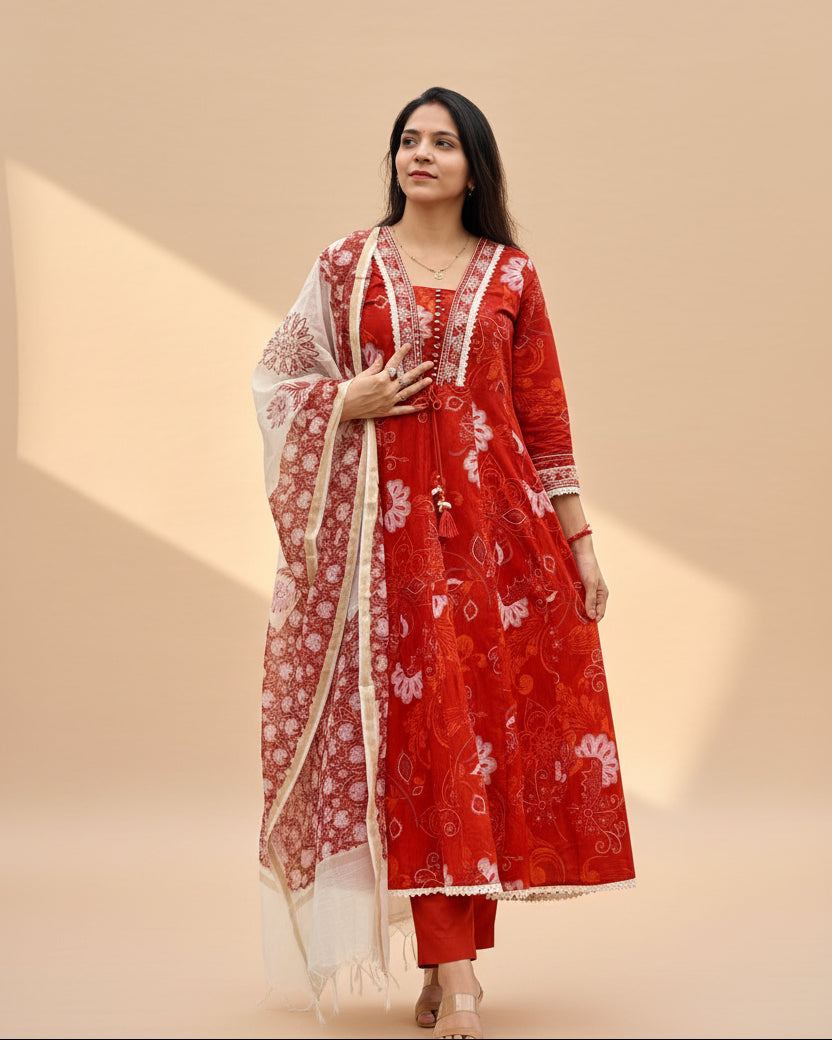 Saanjh — Rust brown Kota Doria Three-Piece Suit