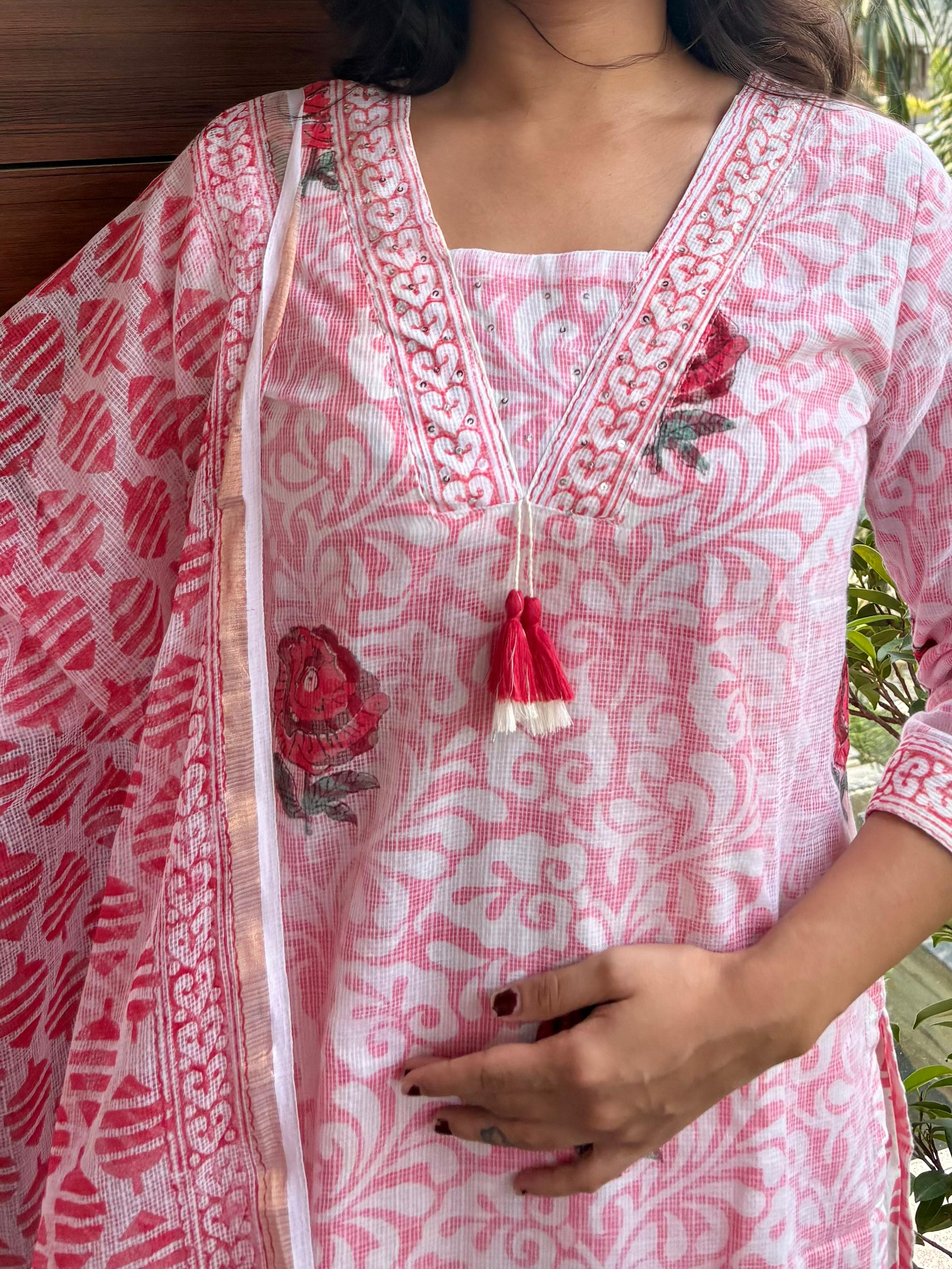 Afreen — Pink Kota Doria Three-Piece Suit