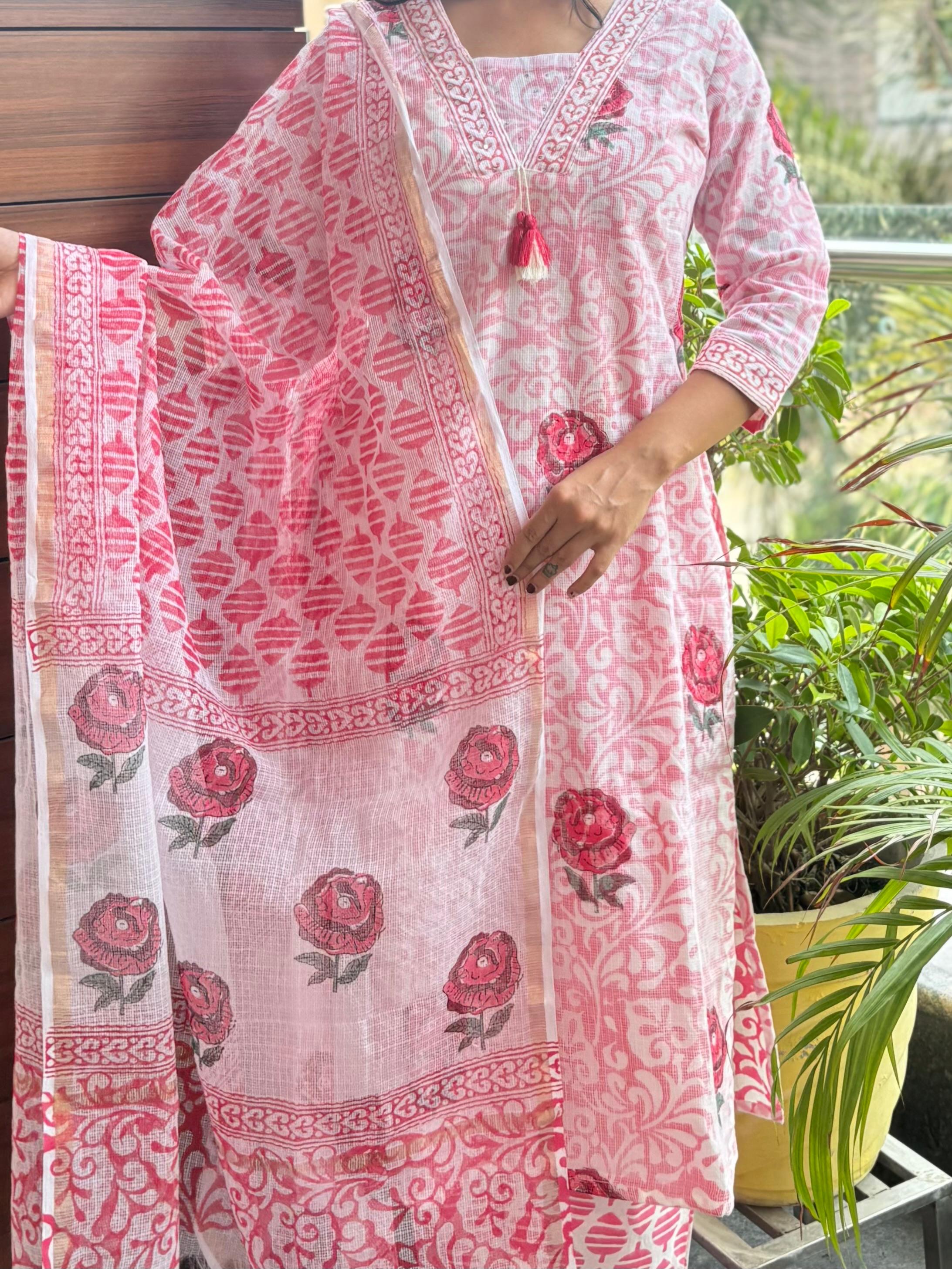 Afreen — Pink Kota Doria Three-Piece Suit