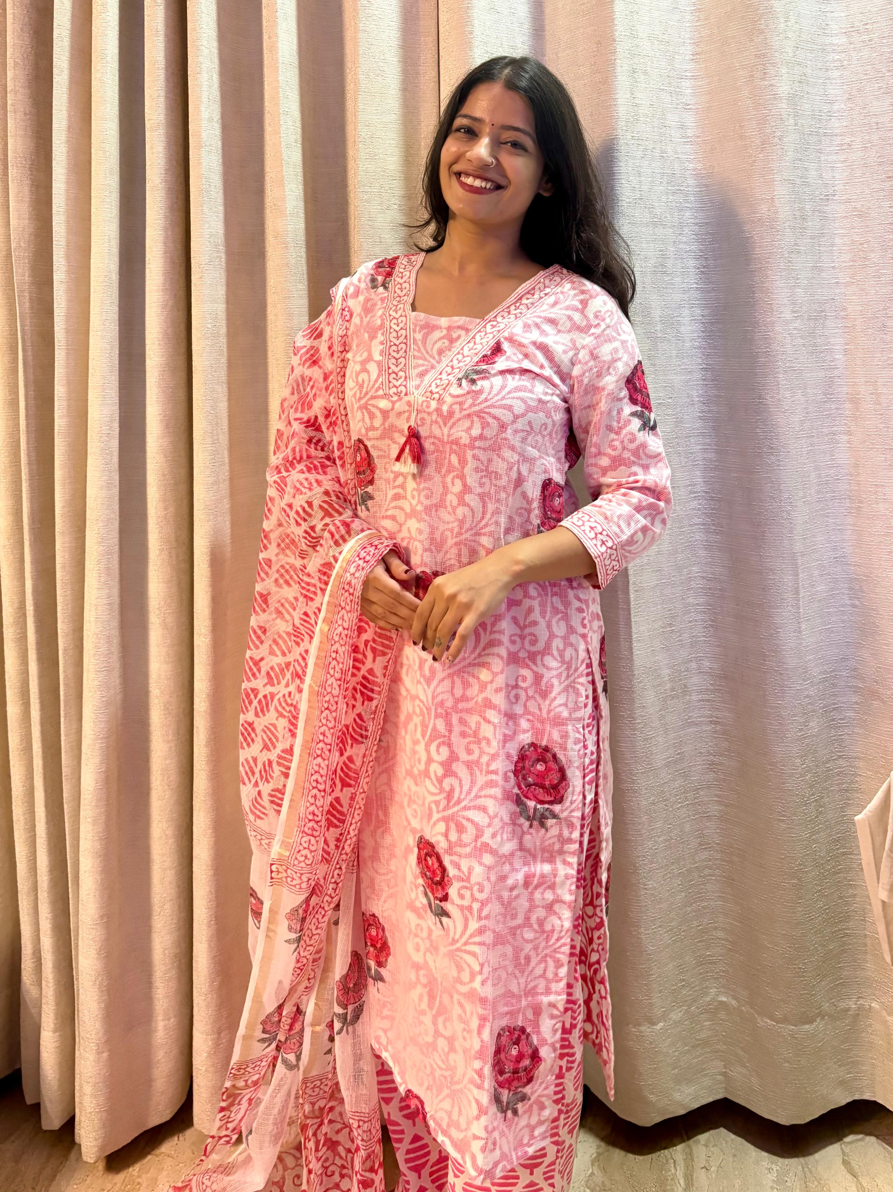 Afreen — Pink Kota Doria Three-Piece Suit