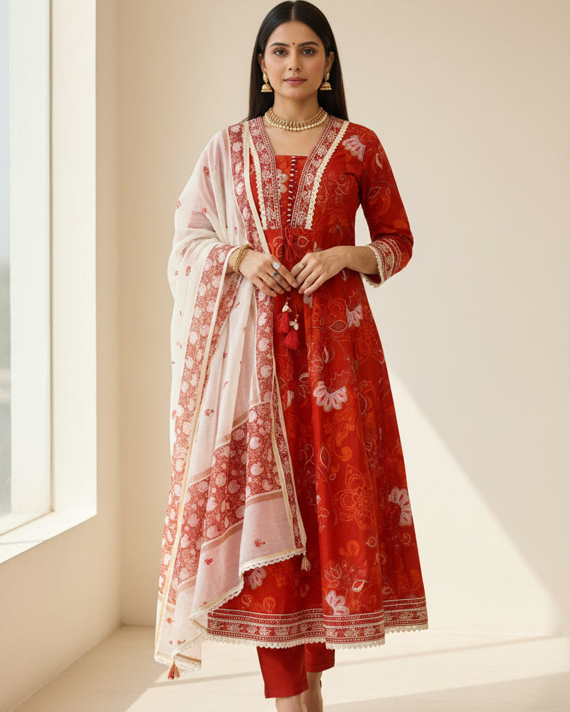 Saanjh — Rust brown Kota Doria Three-Piece Suit